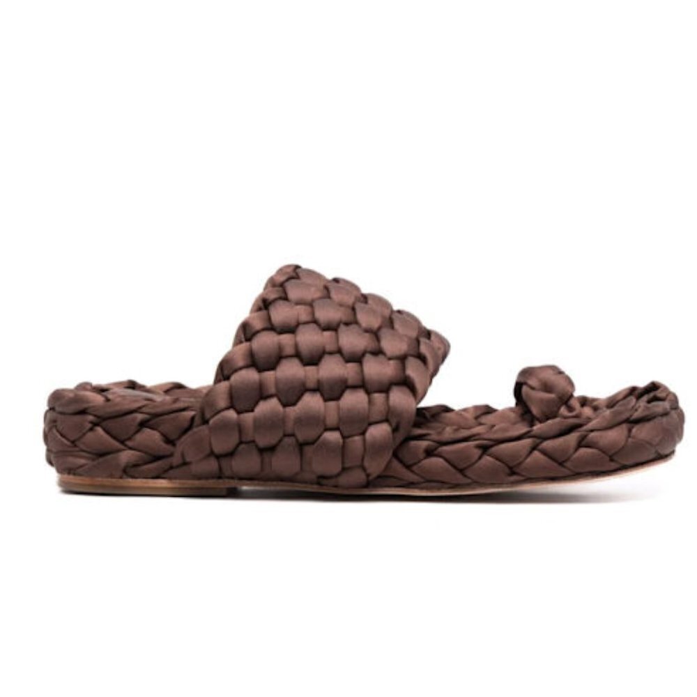Paloma Barcelo Braided Satin Sandals Brown Sz 37 / 6 MSRP $338 Slip-On Toe